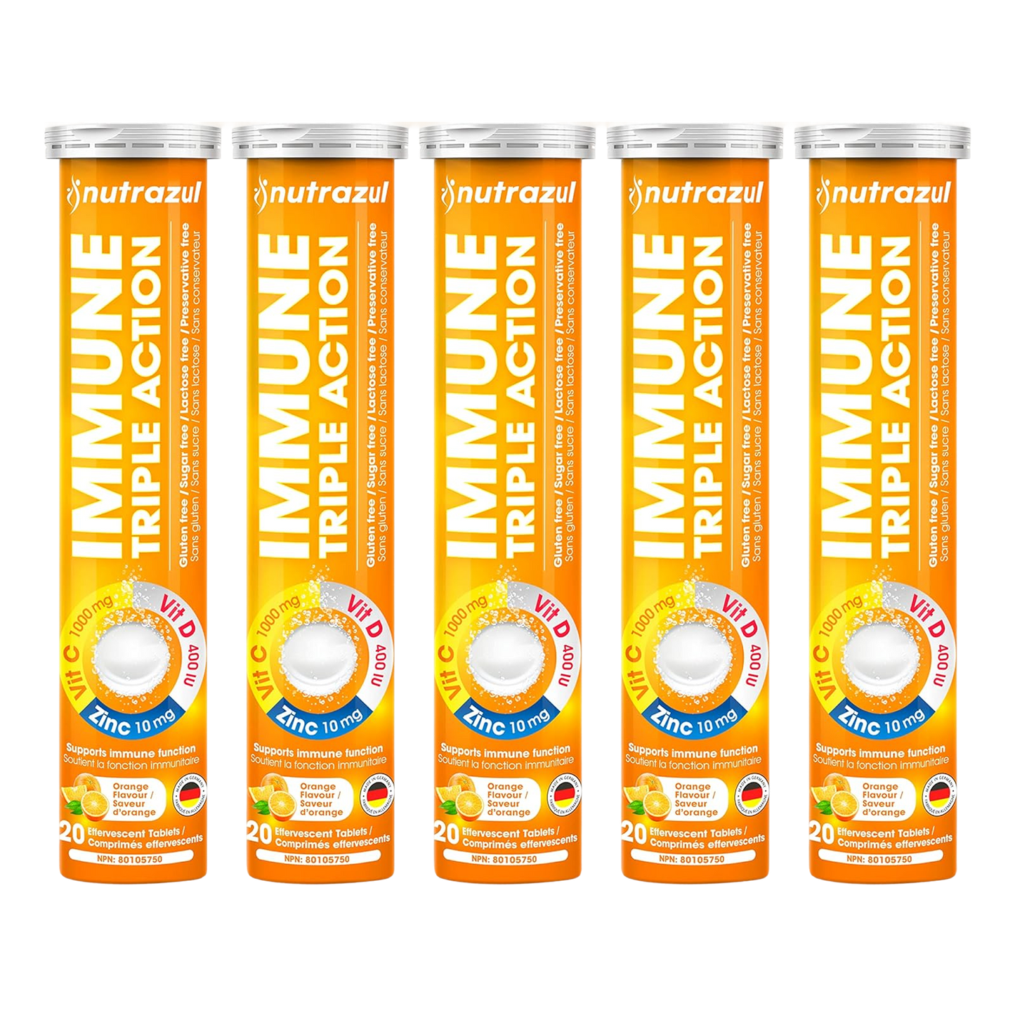 Nutrazul Immune Triple Action Effervescent Tablets - Vitamin C 1000 mg, Vitamin D 400 IU, Zinc 10mg I Orange 20's ( Pack of 5)