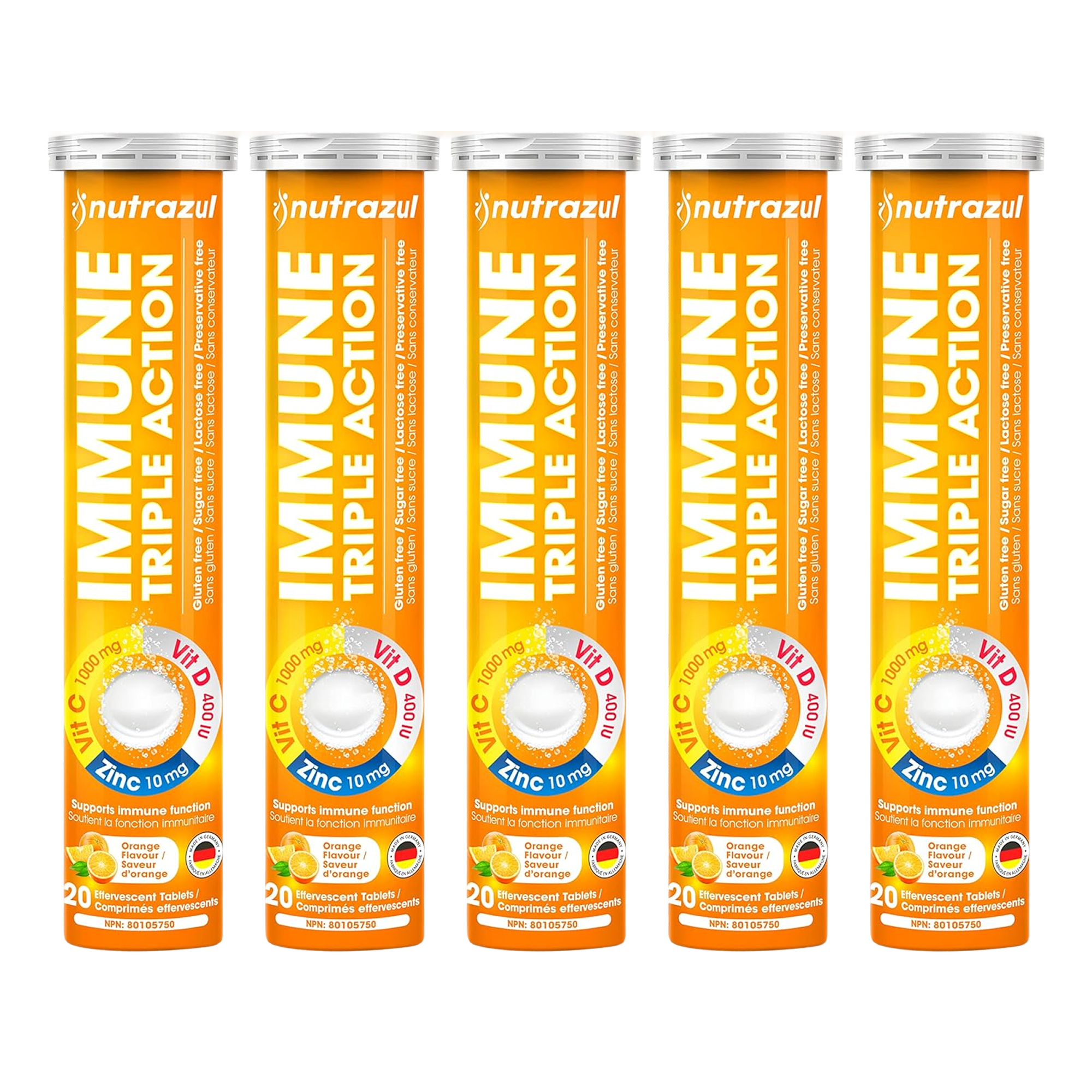 Comprimés effervescents Nutrazul Immune Triple Action - Vitamine C 1000 mg, vitamine D 400 UI, zinc 10 mg, orange, 20 comprimés (lot de 5)