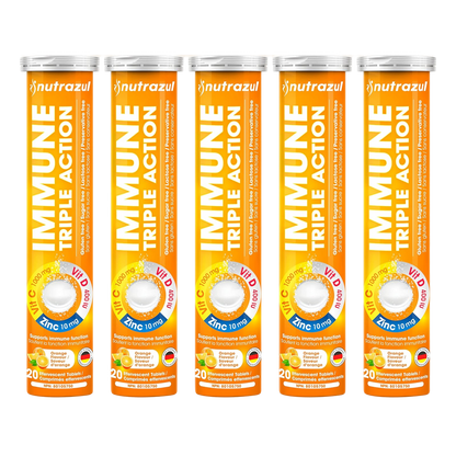 Nutrazul Immune Triple Action Effervescent Tablets - Vitamin C 1000 mg, Vitamin D 400 IU, Zinc 10mg I Orange 20's ( Pack of 5)