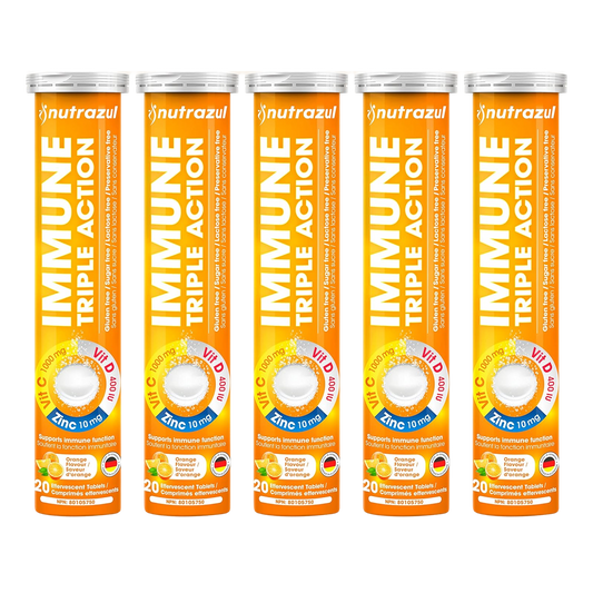 Nutrazul Immune Triple Action Effervescent Tablets - Vitamin C 1000 mg, Vitamin D 400 IU, Zinc 10mg I Orange 20's ( Pack of 5)