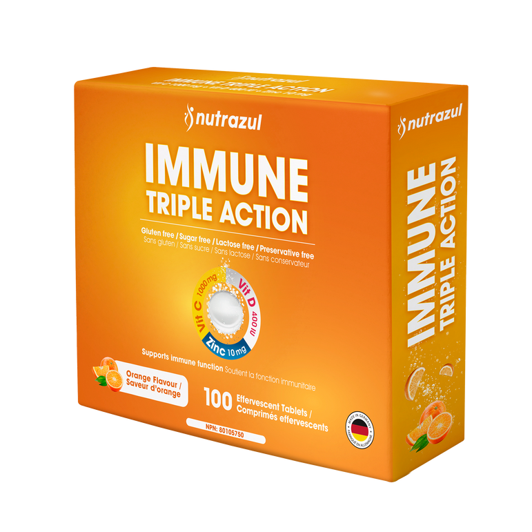 Comprimés effervescents Nutrazul Immune Triple Action - Vitamine C 1000 mg, vitamine D 400 UI, zinc 10 mg, orange, 20 comprimés (lot de 5)