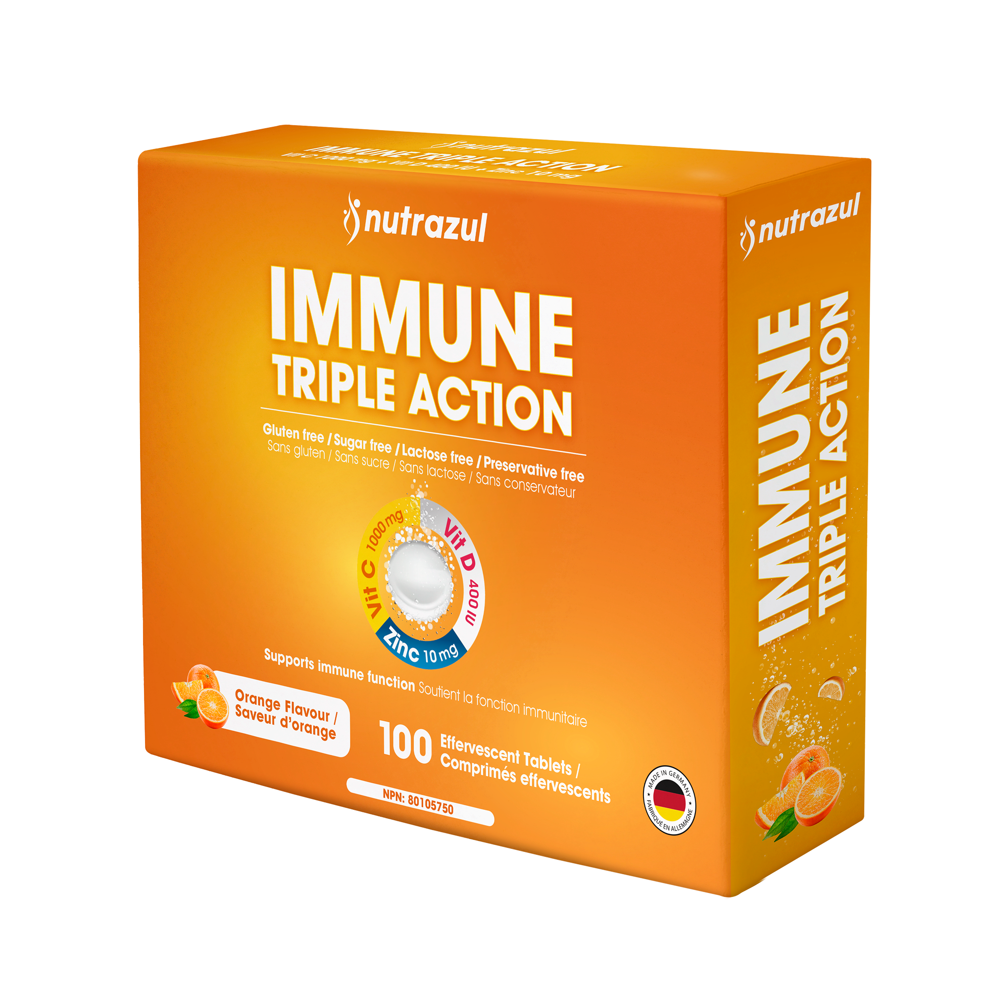 Comprimés effervescents Nutrazul Immune Triple Action - Vitamine C 1000 mg, vitamine D 400 UI, zinc 10 mg, orange, 20 comprimés (lot de 5)