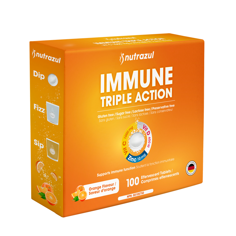 Comprimés effervescents Nutrazul Immune Triple Action - Vitamine C 1000 mg, vitamine D 400 UI, zinc 10 mg, orange, 20 comprimés (lot de 5)