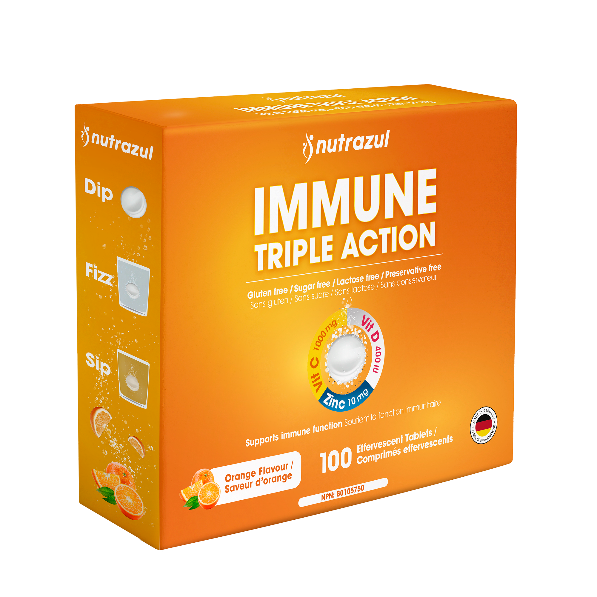 Comprimés effervescents Nutrazul Immune Triple Action - Vitamine C 1000 mg, vitamine D 400 UI, zinc 10 mg, orange, 20 comprimés (lot de 5)