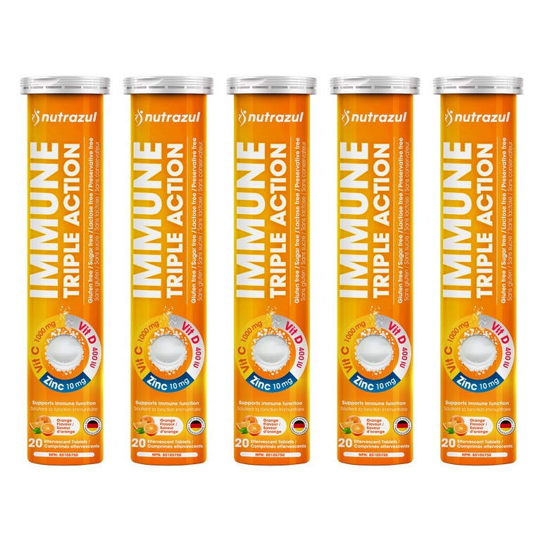 Comprimés effervescents Nutrazul Immune Triple Action - Vitamine C 1000 mg, vitamine D 400 UI, zinc 10 mg, orange, 20 comprimés (lot de 5)