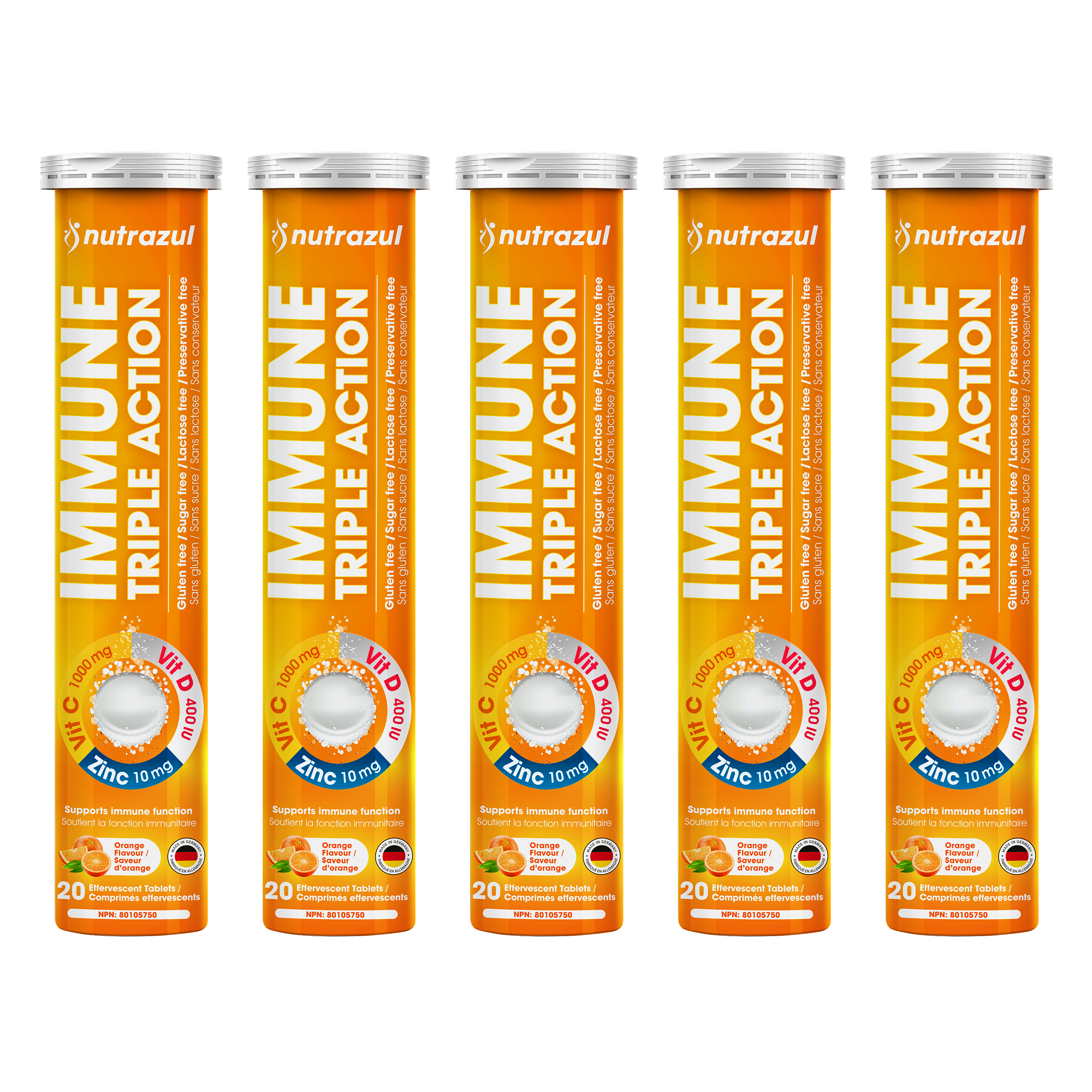 Comprimés effervescents Nutrazul Immune Triple Action - Vitamine C 1000 mg, vitamine D 400 UI, zinc 10 mg, orange, 20 comprimés (lot de 5)