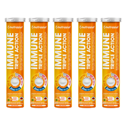 Nutrazul Immune Triple Action Effervescent Tablets - Vitamin C 1000 mg, Vitamin D 400 IU, Zinc 10mg I Orange 20's ( Pack of 5)