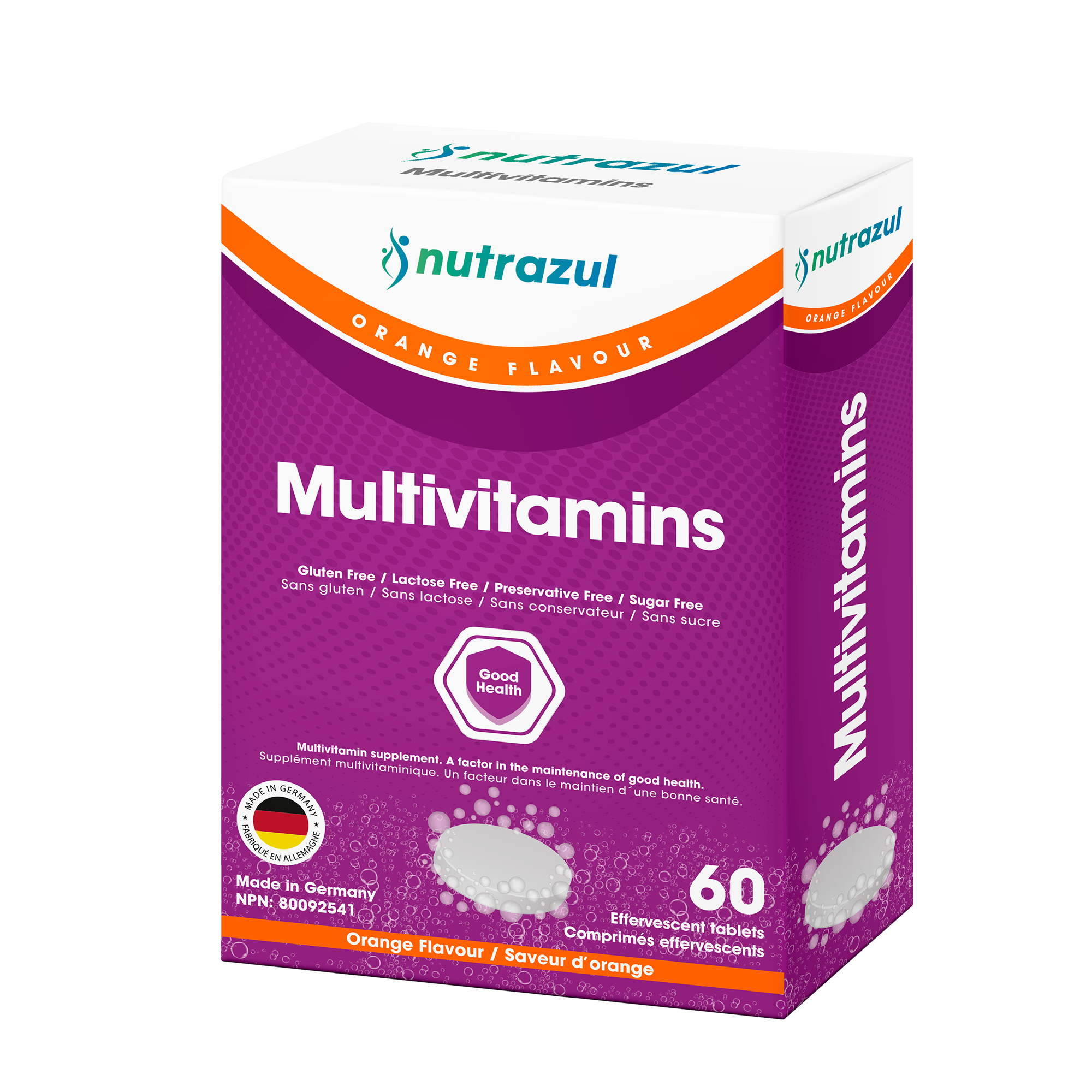 Nutrazul Multivitamines - Comprimés effervescents, 60 comprimés, Soutien immunitaire avec 9 vitamines essentielles - 20 comprimés - Saveur orange