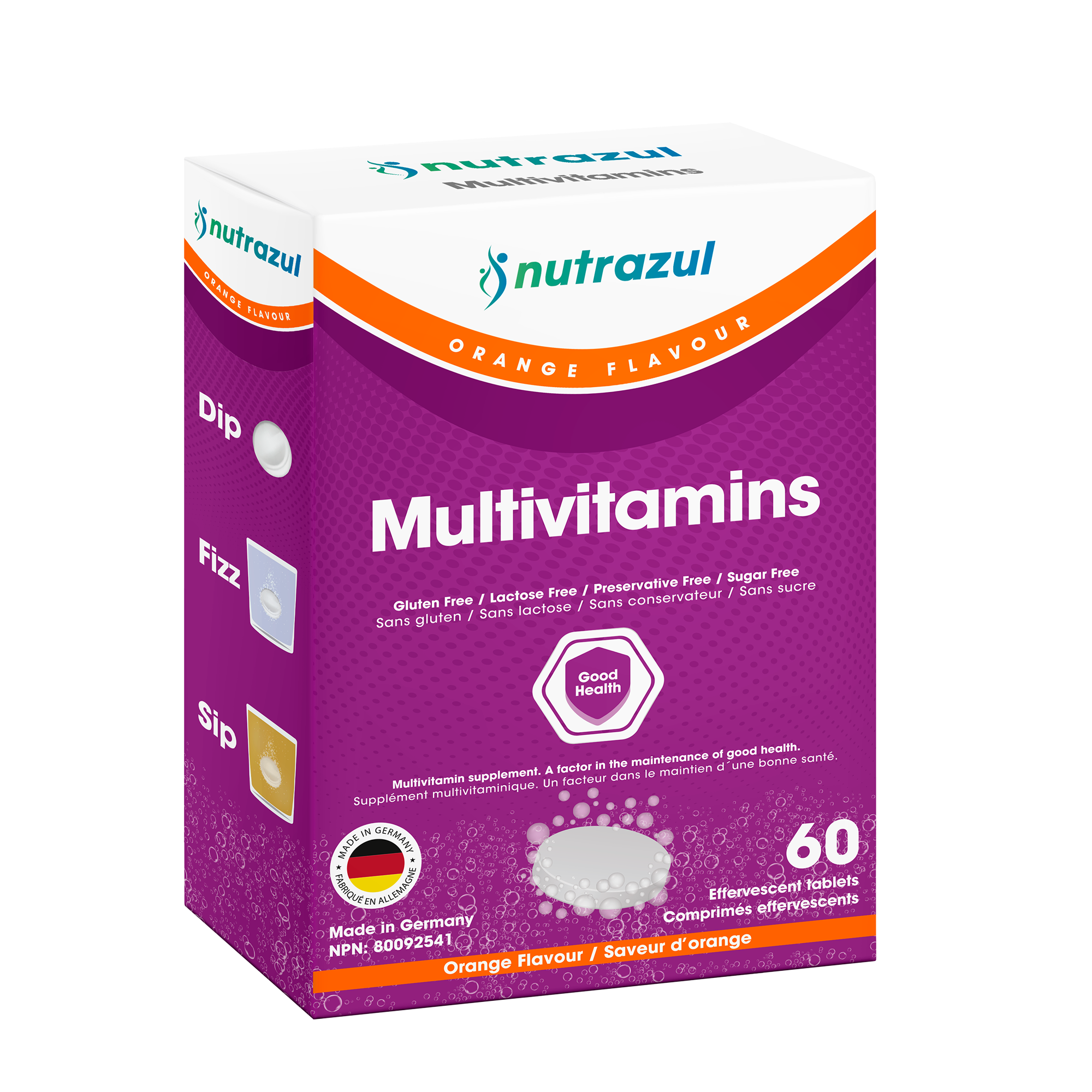 Nutrazul Multivitamines - Comprimés effervescents, 60 comprimés, Soutien immunitaire avec 9 vitamines essentielles - 20 comprimés - Saveur orange