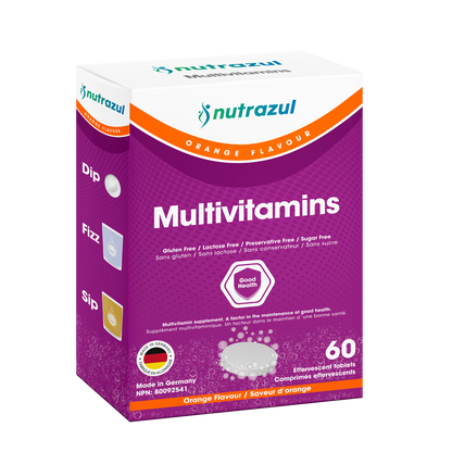 Nutrazul Multivitamin - Effervescent Tablets, 60 Tablets, Immune Support with 9 Essential Vitamins - 20 Tablets - Flavour Orange