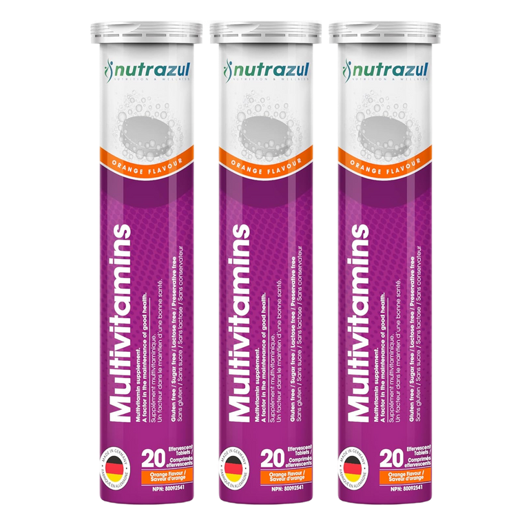 Nutrazul Multivitamines - Comprimés effervescents, 60 comprimés, Soutien immunitaire avec 9 vitamines essentielles - 20 comprimés - Saveur orange