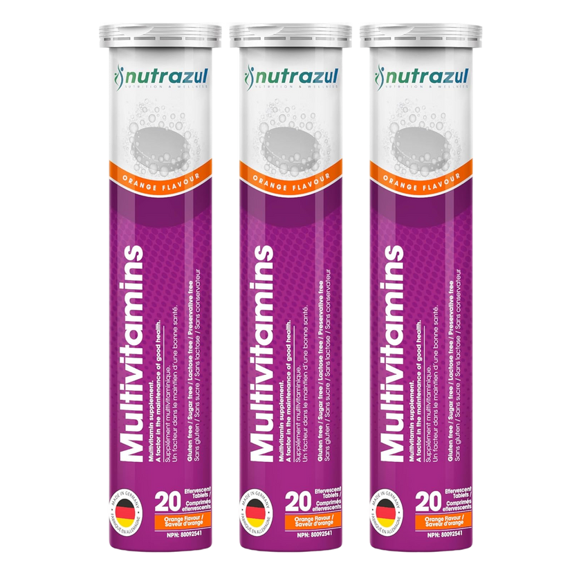 Nutrazul Multivitamines - Comprimés effervescents, 60 comprimés, Soutien immunitaire avec 9 vitamines essentielles - 20 comprimés - Saveur orange