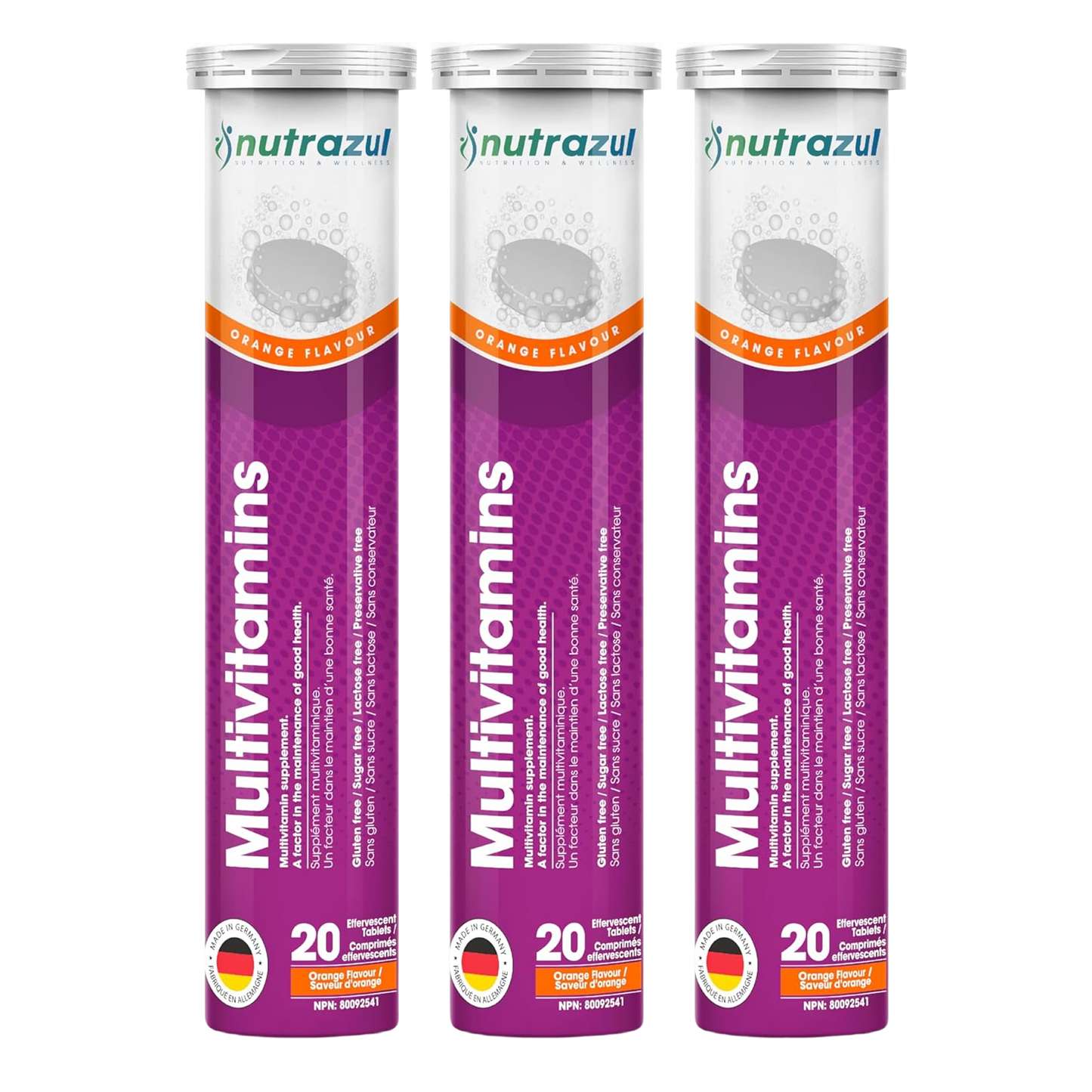 Nutrazul Multivitamin - Effervescent Tablets, 60 Tablets, Immune Support with 9 Essential Vitamins - 20 Tablets - Flavour Orange