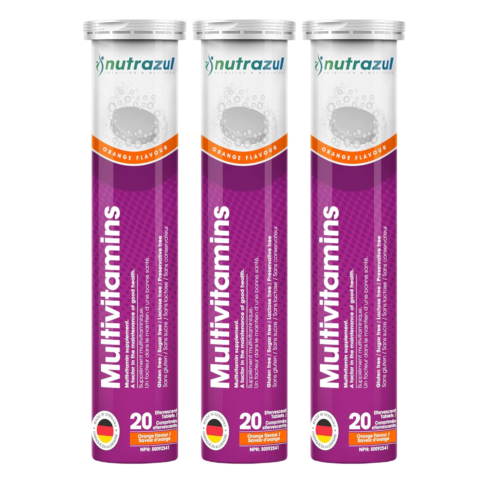 Nutrazul Multivitamines - Comprimés effervescents, 60 comprimés, Soutien immunitaire avec 9 vitamines essentielles - 20 comprimés - Saveur orange