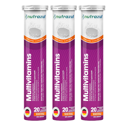 Nutrazul Multivitamin - Effervescent Tablets, 60 Tablets, Immune Support with 9 Essential Vitamins - 20 Tablets - Flavour Orange
