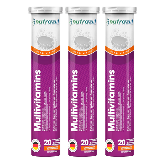Nutrazul Multivitamin - Effervescent Tablets, 60 Tablets, Immune Support with 9 Essential Vitamins - 20 Tablets - Flavour Orange