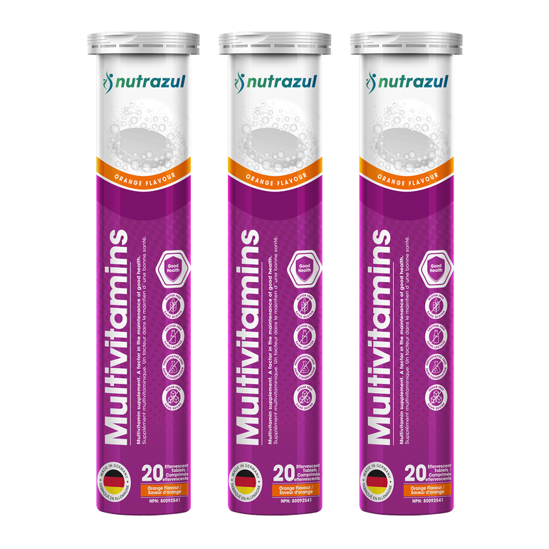Nutrazul Multivitamines - Comprimés effervescents, 60 comprimés, Soutien immunitaire avec 9 vitamines essentielles - 20 comprimés - Saveur orange