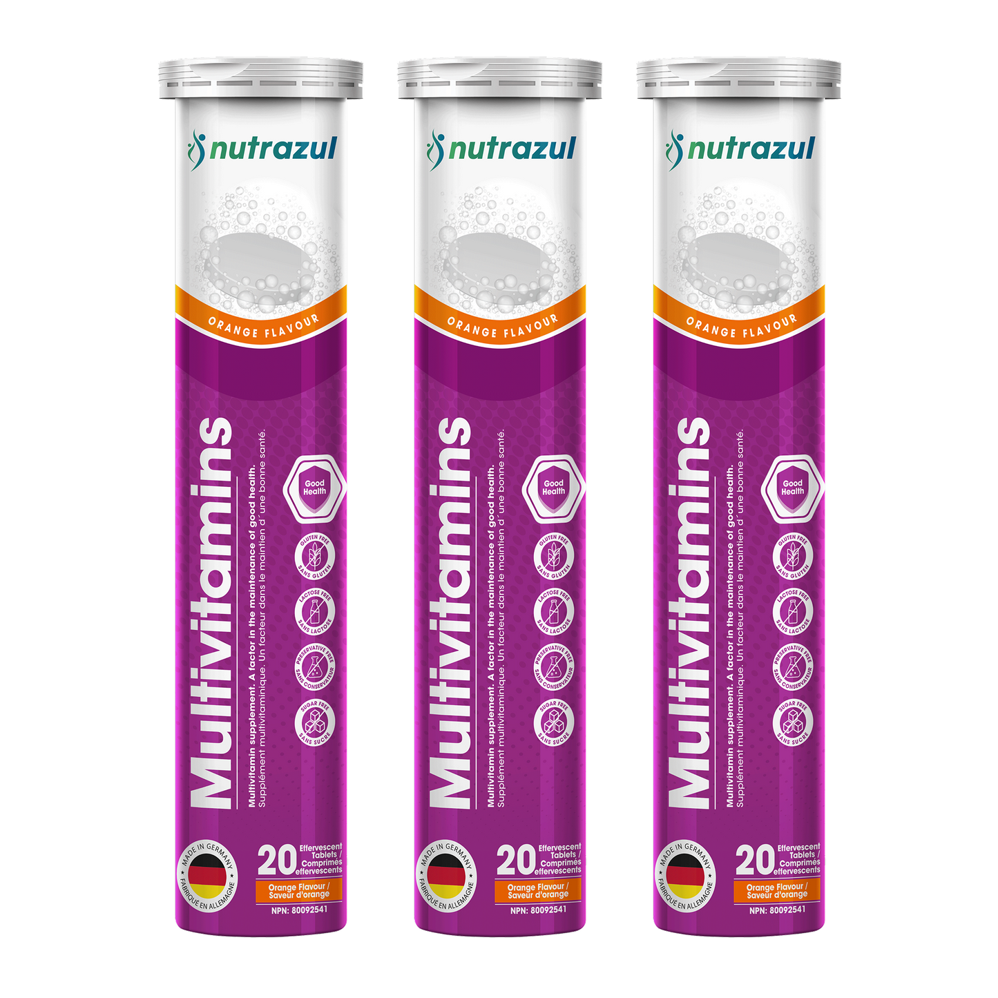 Nutrazul Multivitamin - Effervescent Tablets, 60 Tablets, Immune Support with 9 Essential Vitamins - 20 Tablets - Flavour Orange