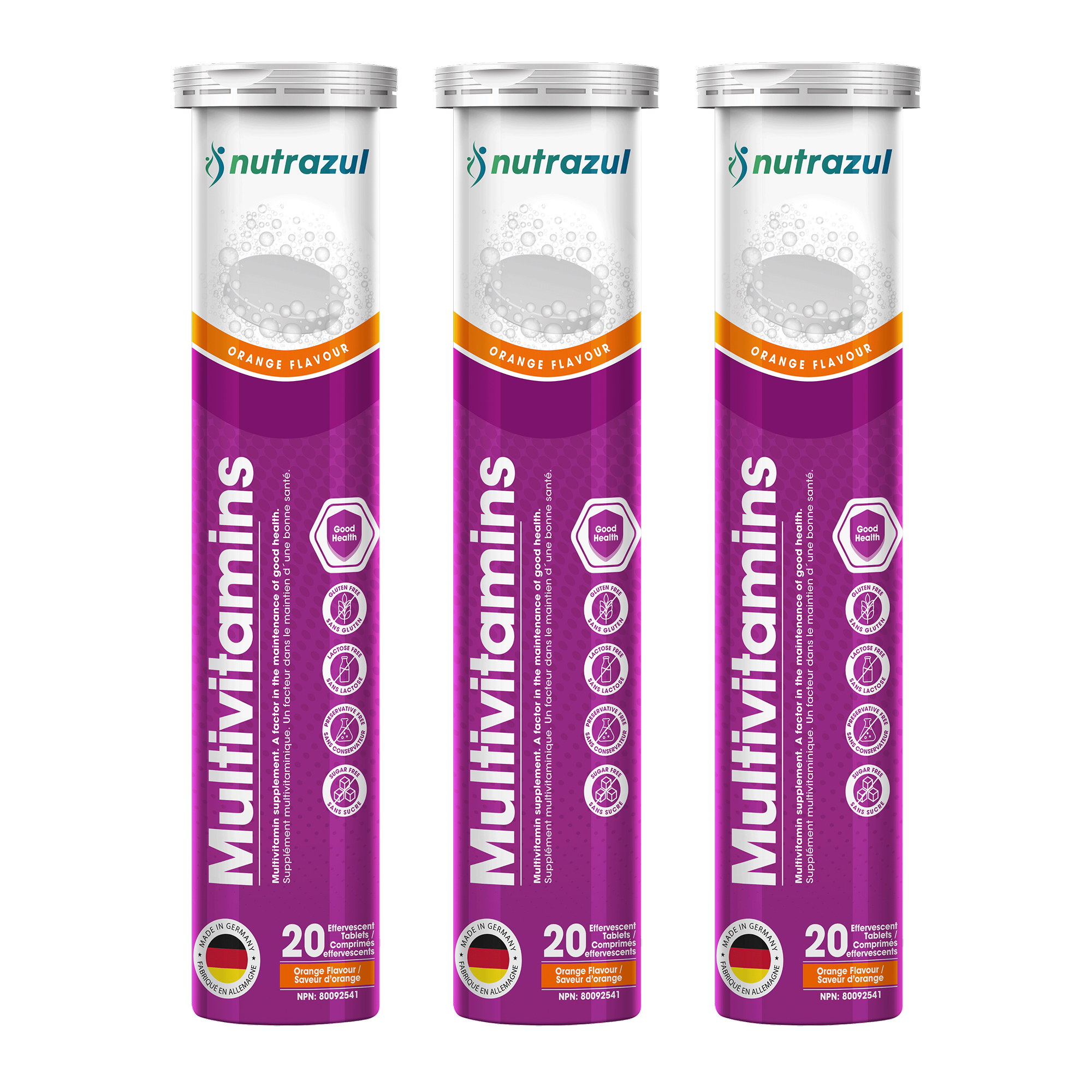 Nutrazul Multivitamines - Comprimés effervescents, 60 comprimés, Soutien immunitaire avec 9 vitamines essentielles - 20 comprimés - Saveur orange