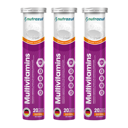 Nutrazul Multivitamin - Effervescent Tablets, 60 Tablets, Immune Support with 9 Essential Vitamins - 20 Tablets - Flavour Orange