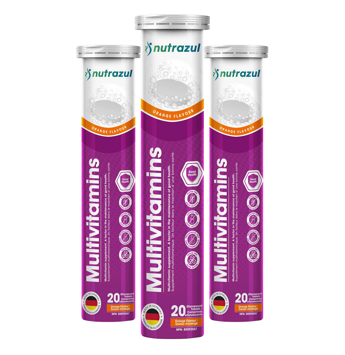 Nutrazul Multivitamines - Comprimés effervescents, 60 comprimés, Soutien immunitaire avec 9 vitamines essentielles - 20 comprimés - Saveur orange
