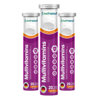 Nutrazul Multivitamines - Comprimés effervescents, 60 comprimés, Soutien immunitaire avec 9 vitamines essentielles - 20 comprimés - Saveur orange