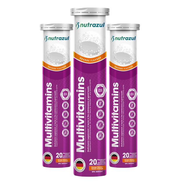 Nutrazul Multivitamines - Comprimés effervescents, 60 comprimés, Soutien immunitaire avec 9 vitamines essentielles - 20 comprimés - Saveur orange