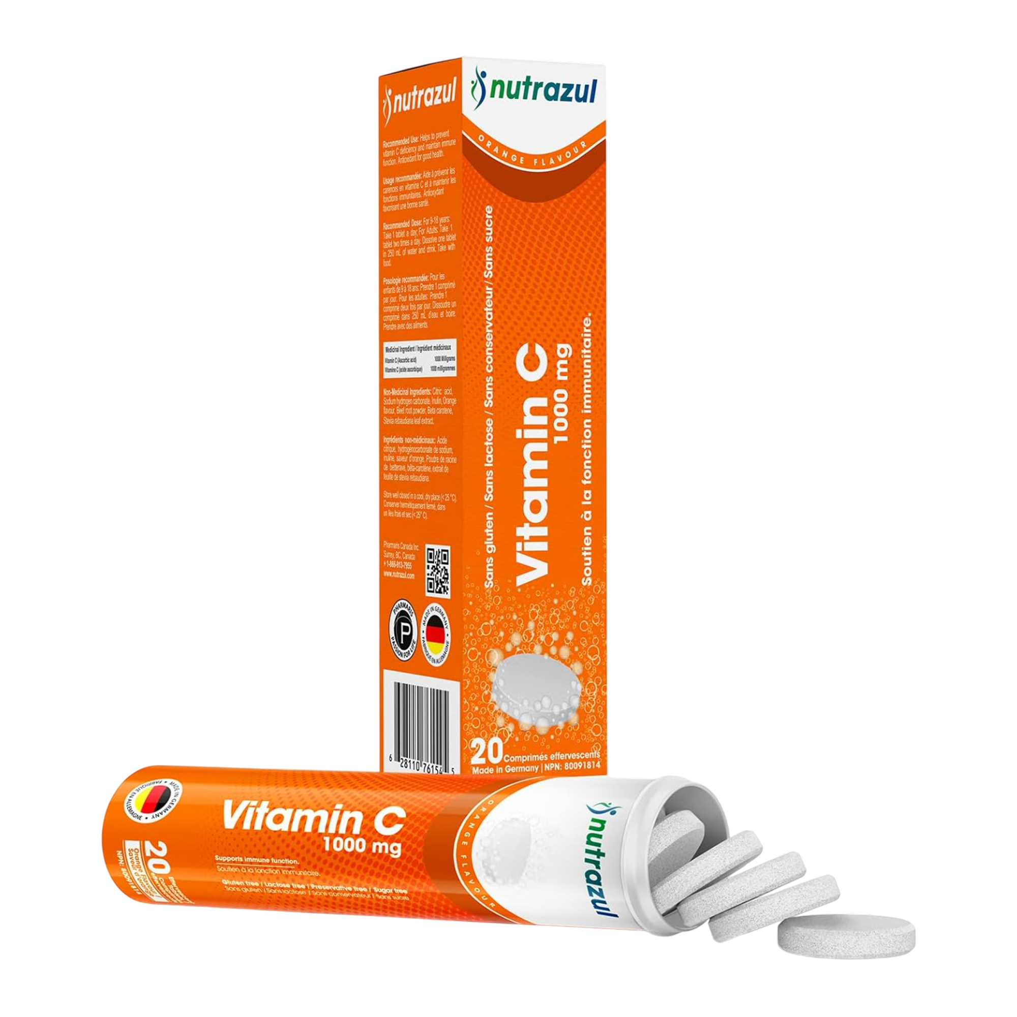 Comprimés effervescents Nutrazul Vitamine C 1000 mg - Orange (paquet de 5 x 20)