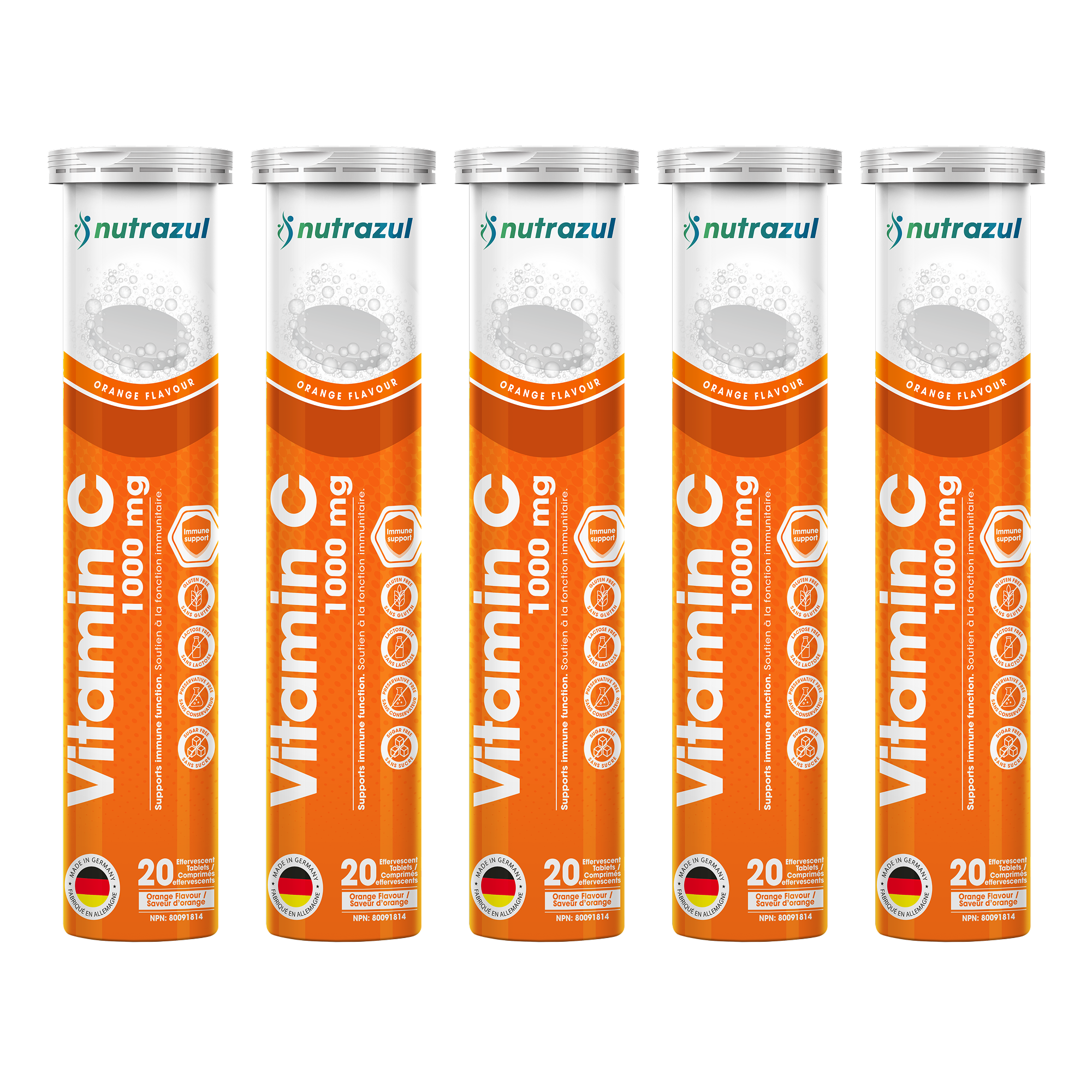 Comprimés effervescents Nutrazul Vitamine C 1000 mg - Orange (paquet de 5 x 20)