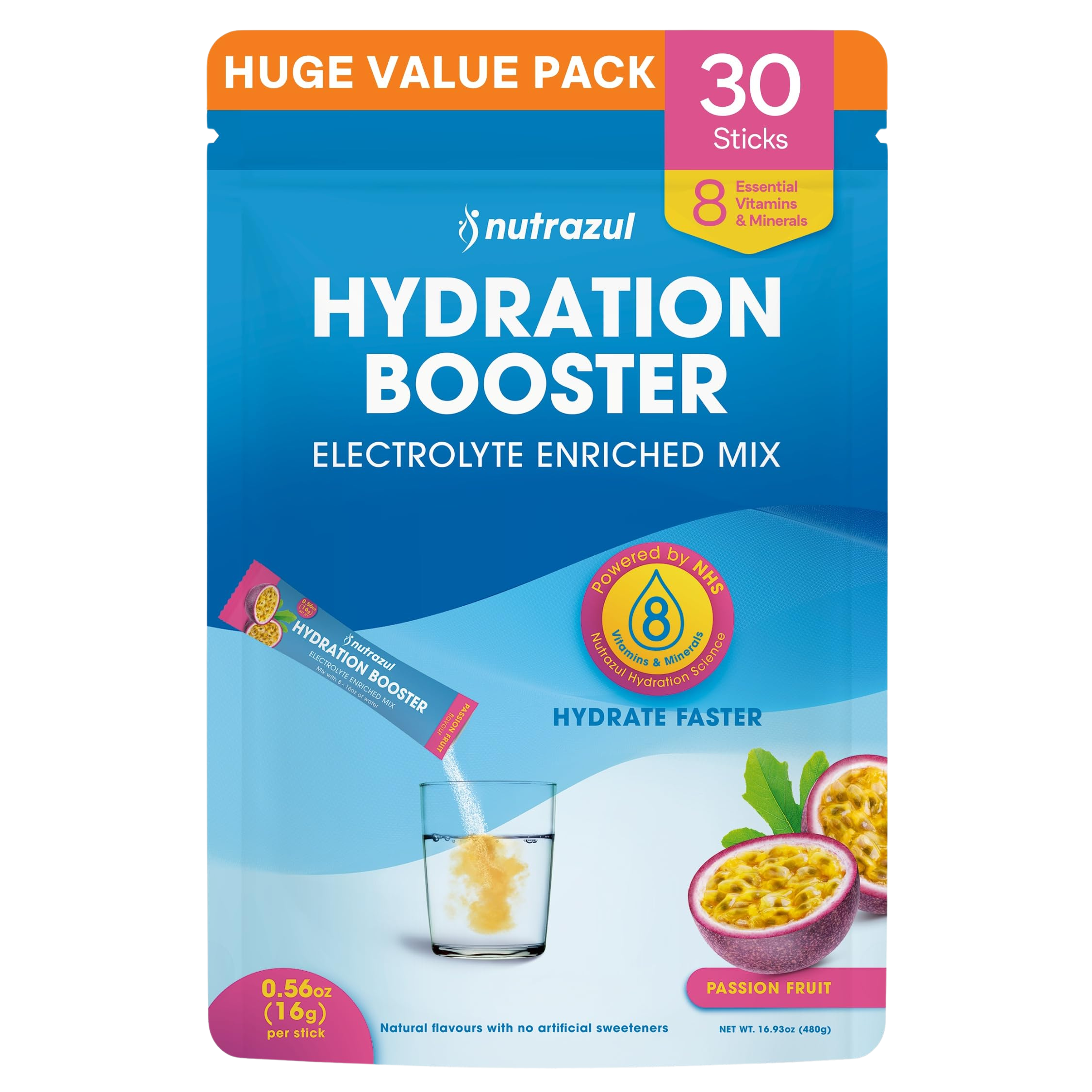 Nutrazul Booster d'hydratation - Fruit de la passion 30 bâtonnets